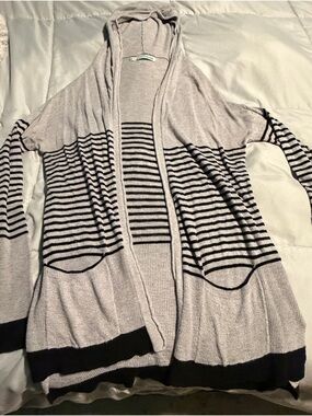 Light Gray & Black Striped Hooded Open Cardigan Sweater Size Medium